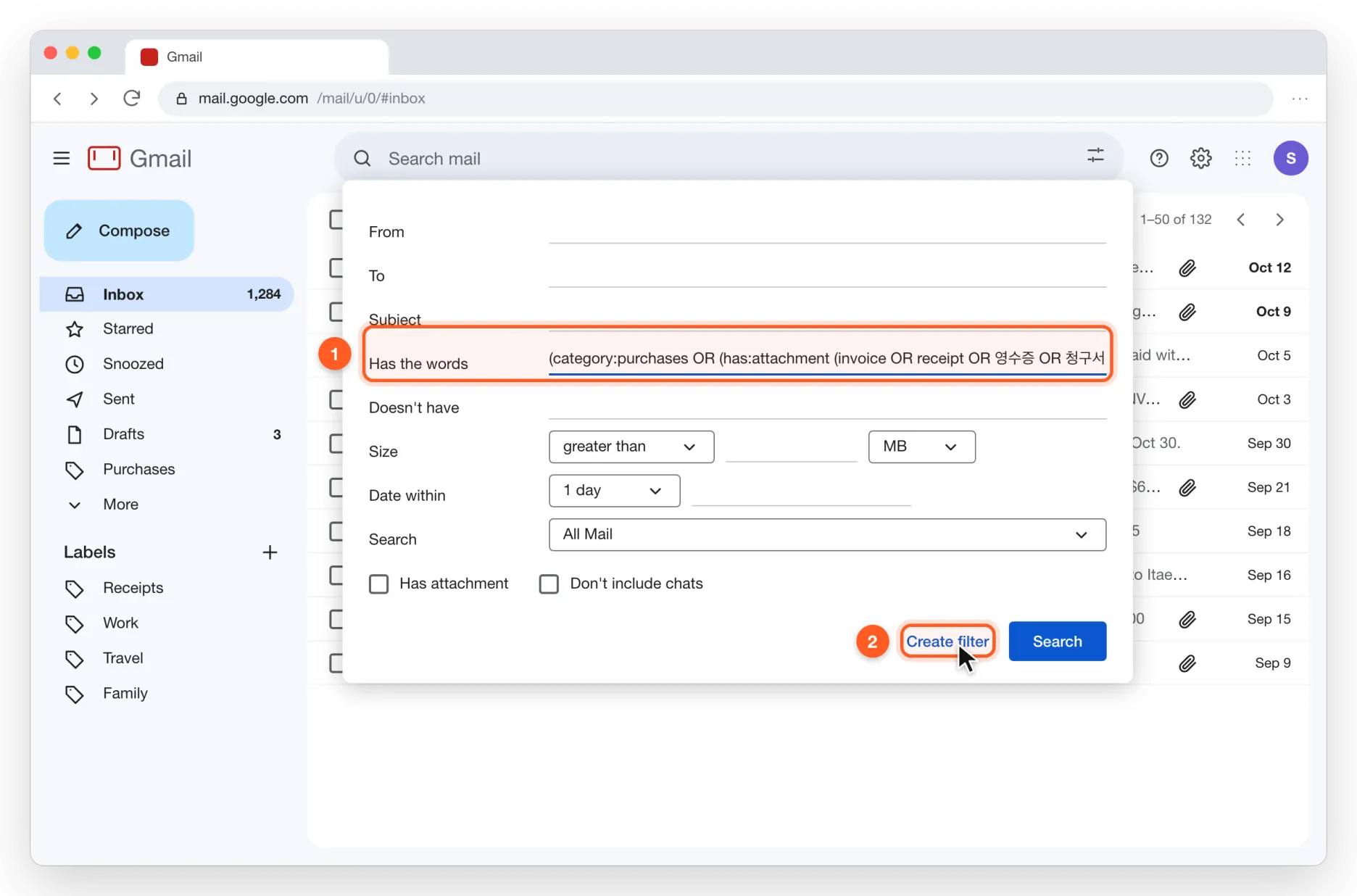 Create a receipts filter