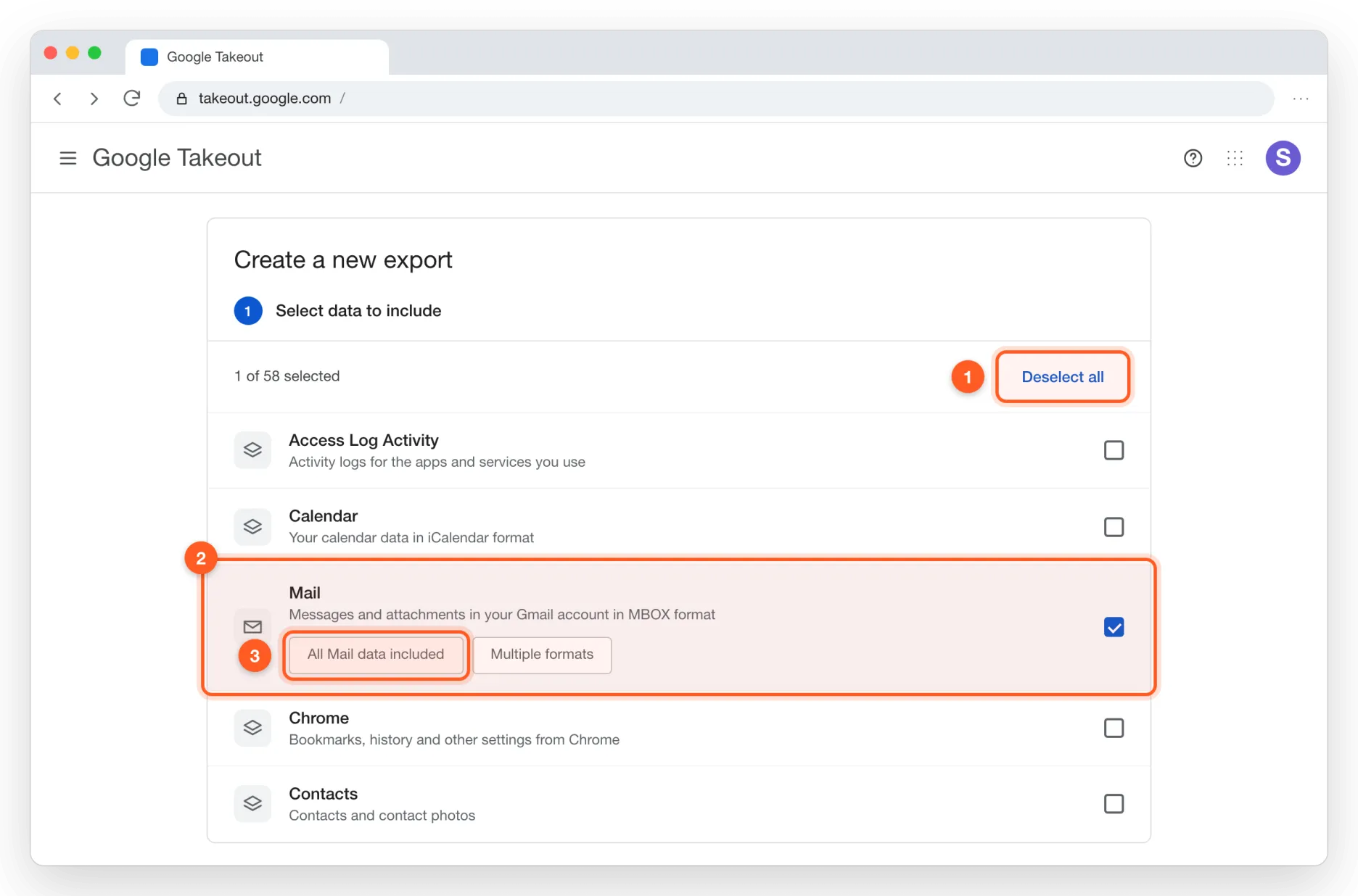 Choose Mail in Google Takeout